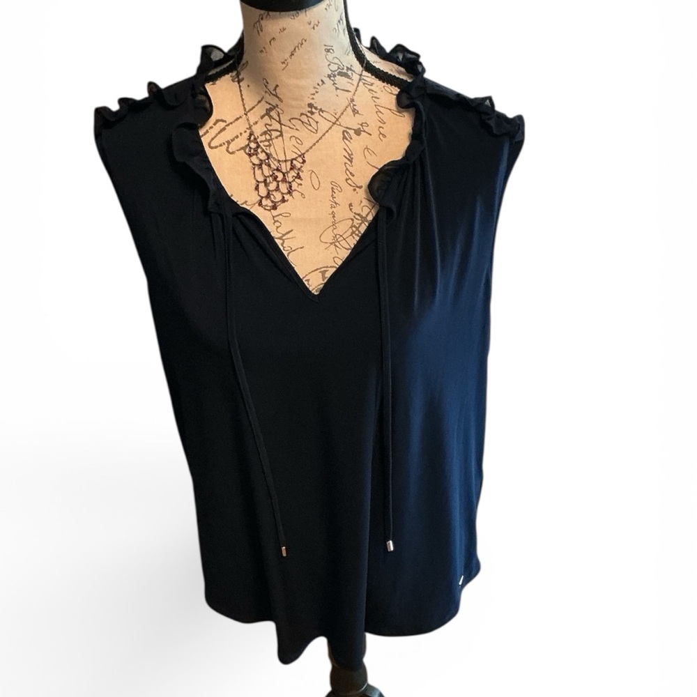 Calvin Klein Black Sleeveless Ruffle V-Neck Blouse
